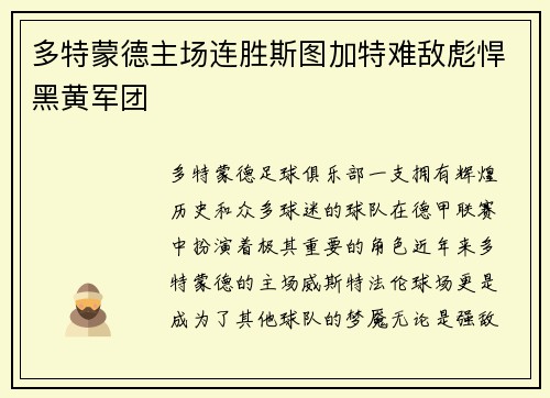 多特蒙德主场连胜斯图加特难敌彪悍黑黄军团